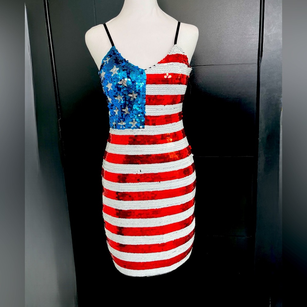 USA American Flag Patriotic Sequin Dress- Spaghetti Strap Sleeveless- XS - NWT